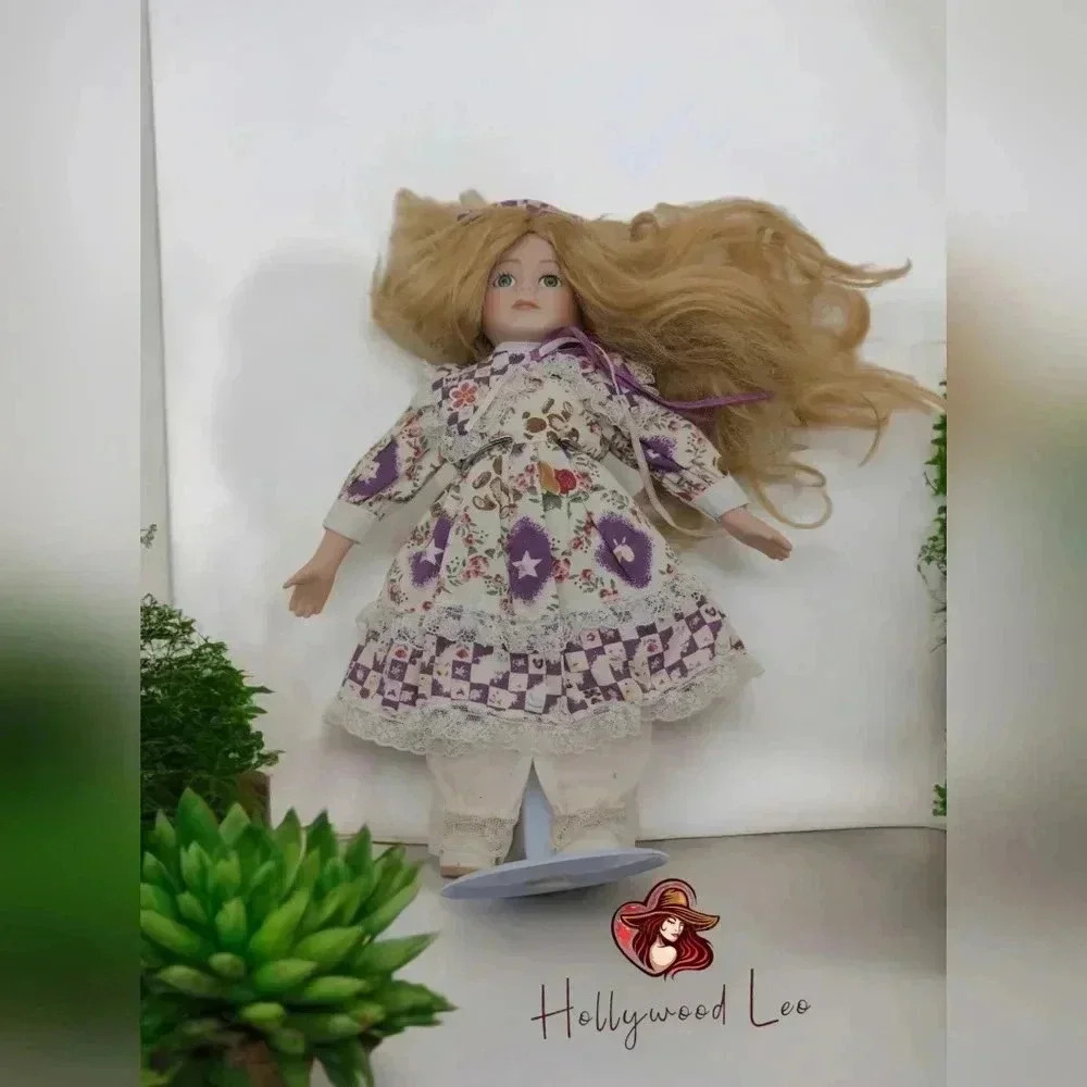 Vintage Porcelain Doll 12 in Blonde Hair Patterned Dress